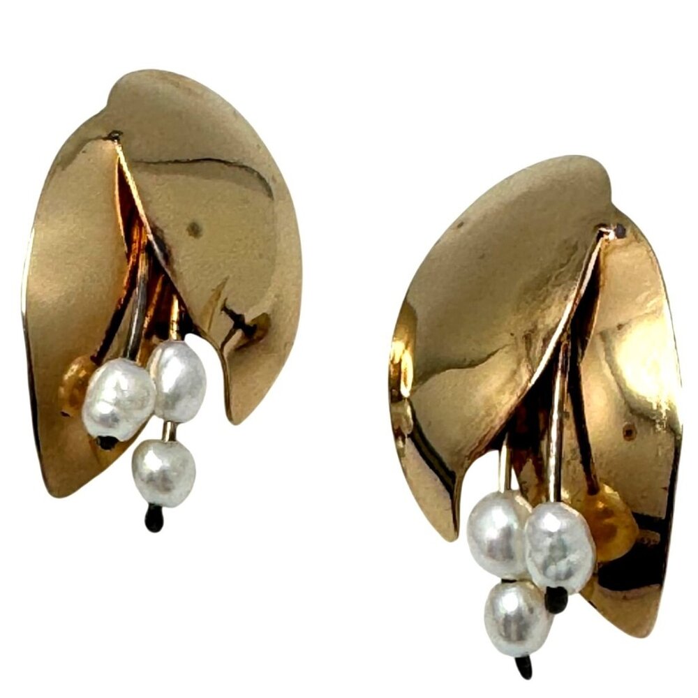 Vintage Sterling Gold Tone Clip-On Leaf Earrings Pearl Accents Signed TT